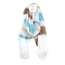 Fine White Scarf with Blue & Taupe Stripes by Peace of Mind